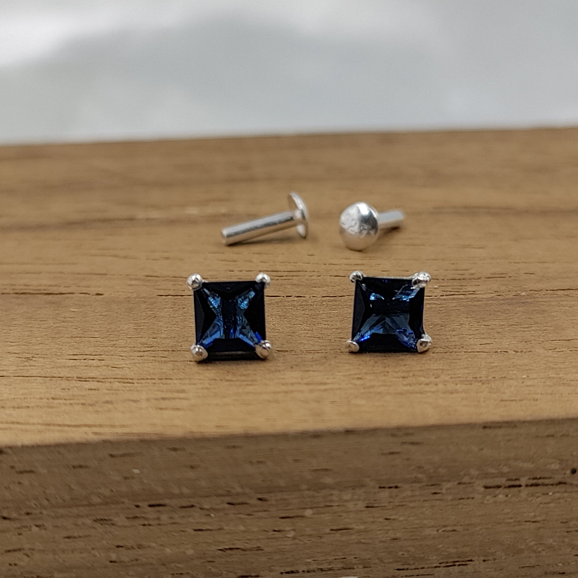 Blue Sapphire Stud Earring Princess Cut 925 Sterling Silver Stud Earrings