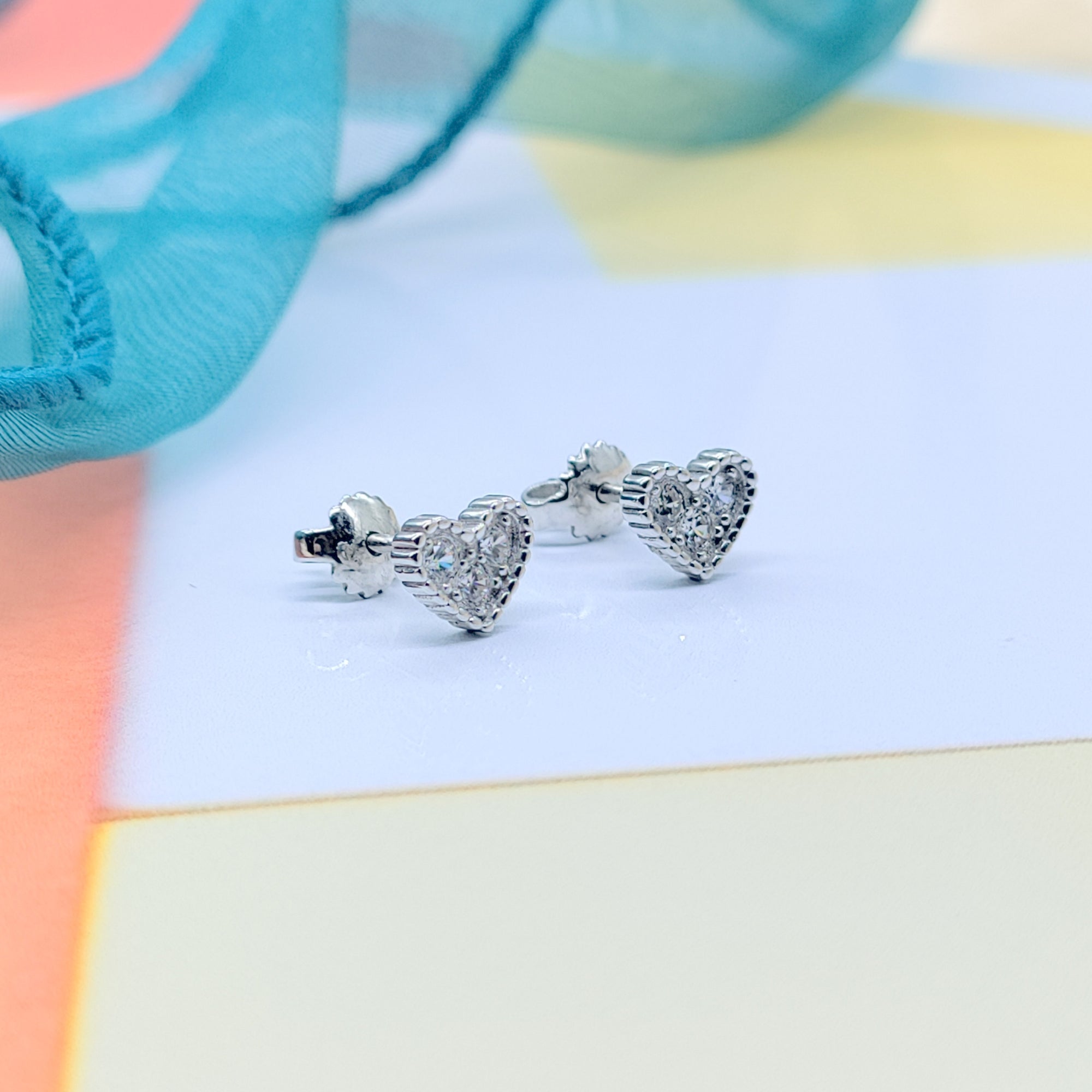 Sterling Silver 925 Elegant Design Heart Shape Studs Earrings CZ Diamonds Minimalist Handmade Cute Gift Studs with Push back