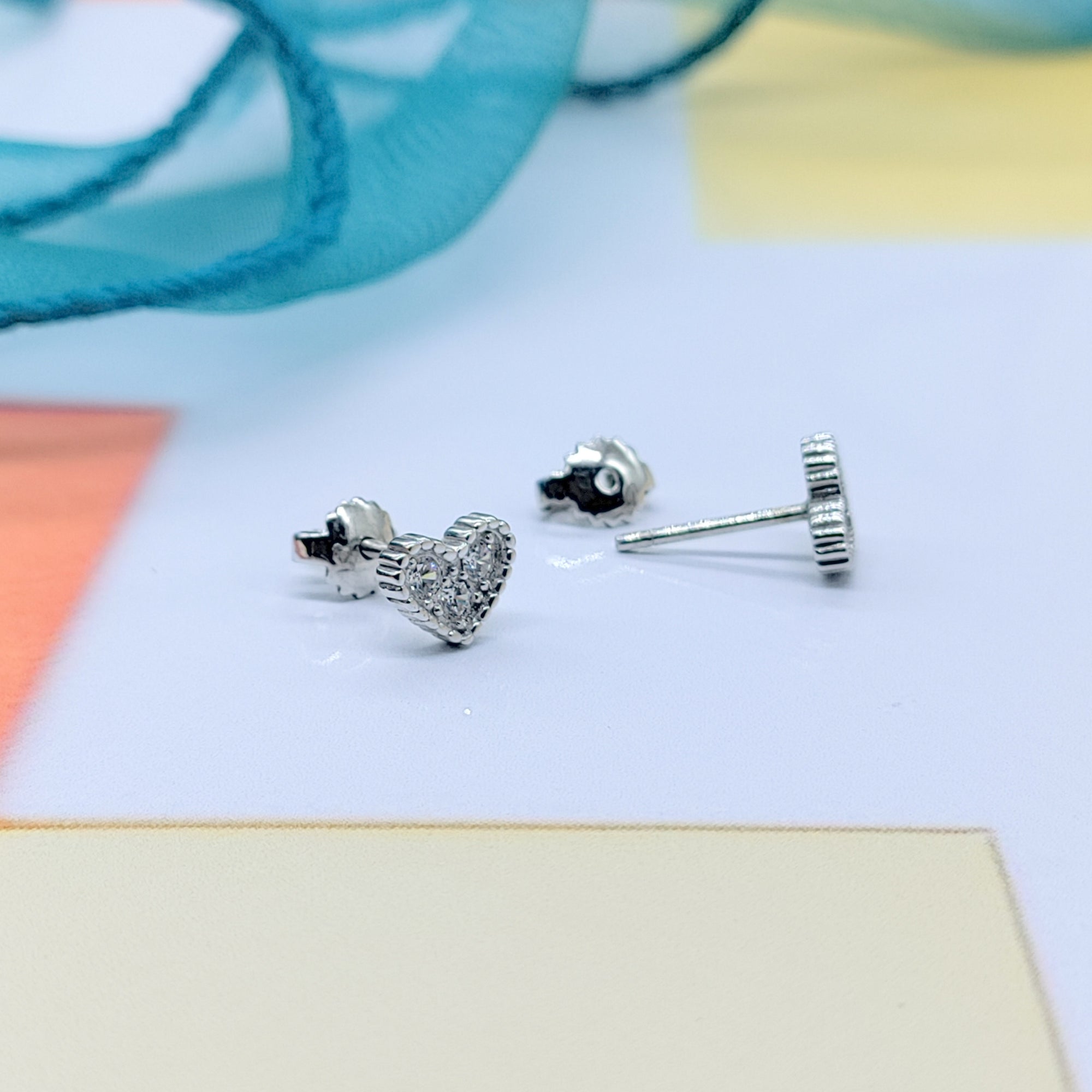 Sterling Silver 925 Elegant Design Heart Shape Studs Earrings CZ Diamonds Minimalist Handmade Cute Gift Studs with Push back