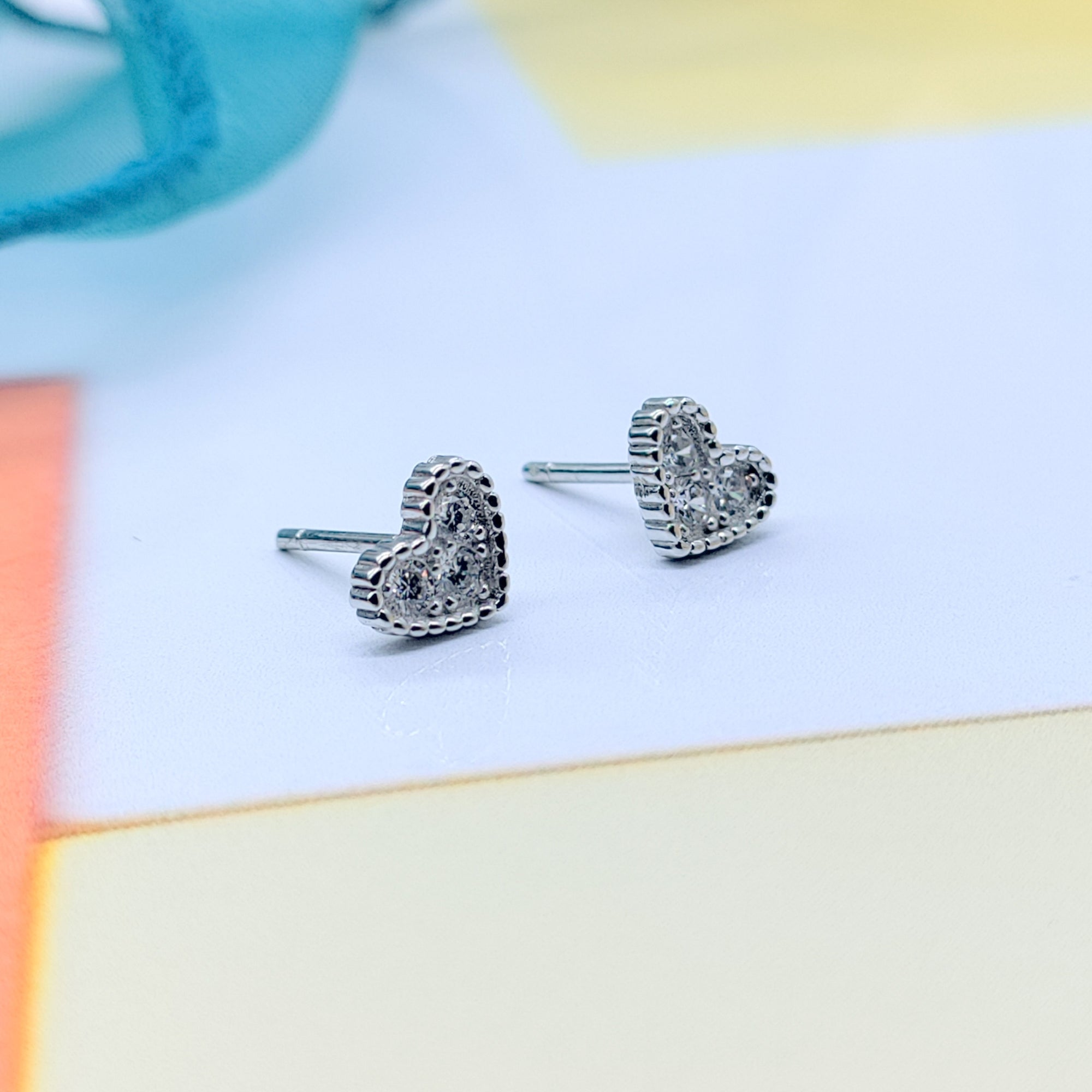 Sterling Silver 925 Elegant Design Heart Shape Studs Earrings CZ Diamonds Minimalist Handmade Cute Gift Studs with Push back