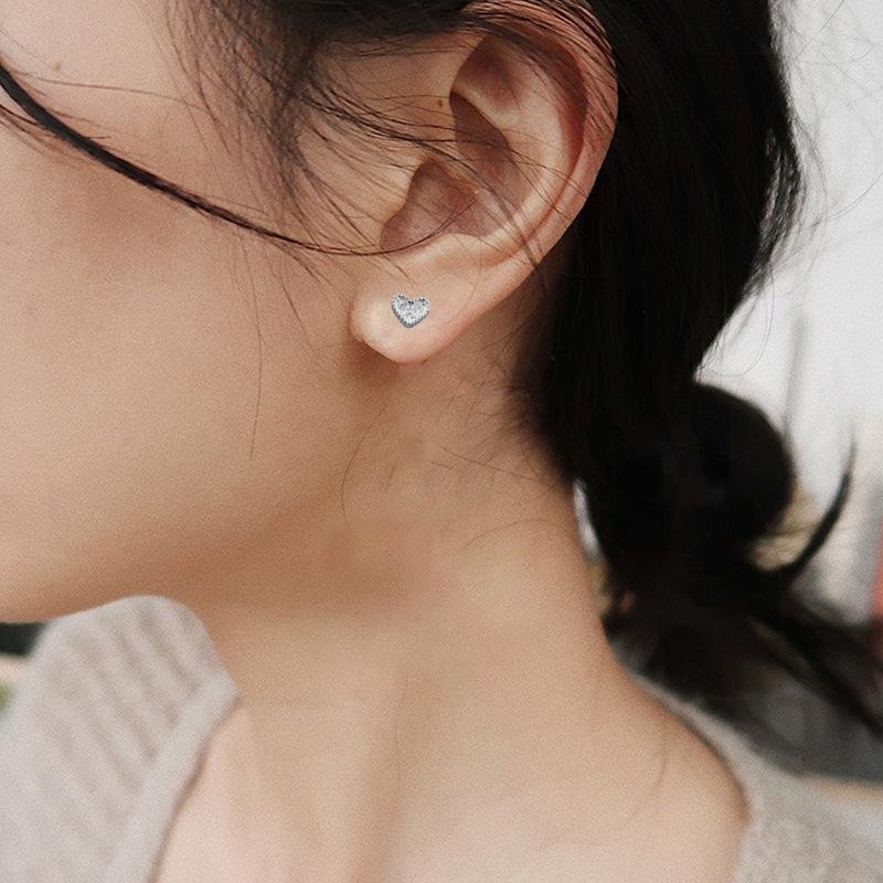 Sterling Silver 925 Elegant Design Heart Shape Studs Earrings CZ Diamonds Minimalist Handmade Cute Gift Studs with Push back