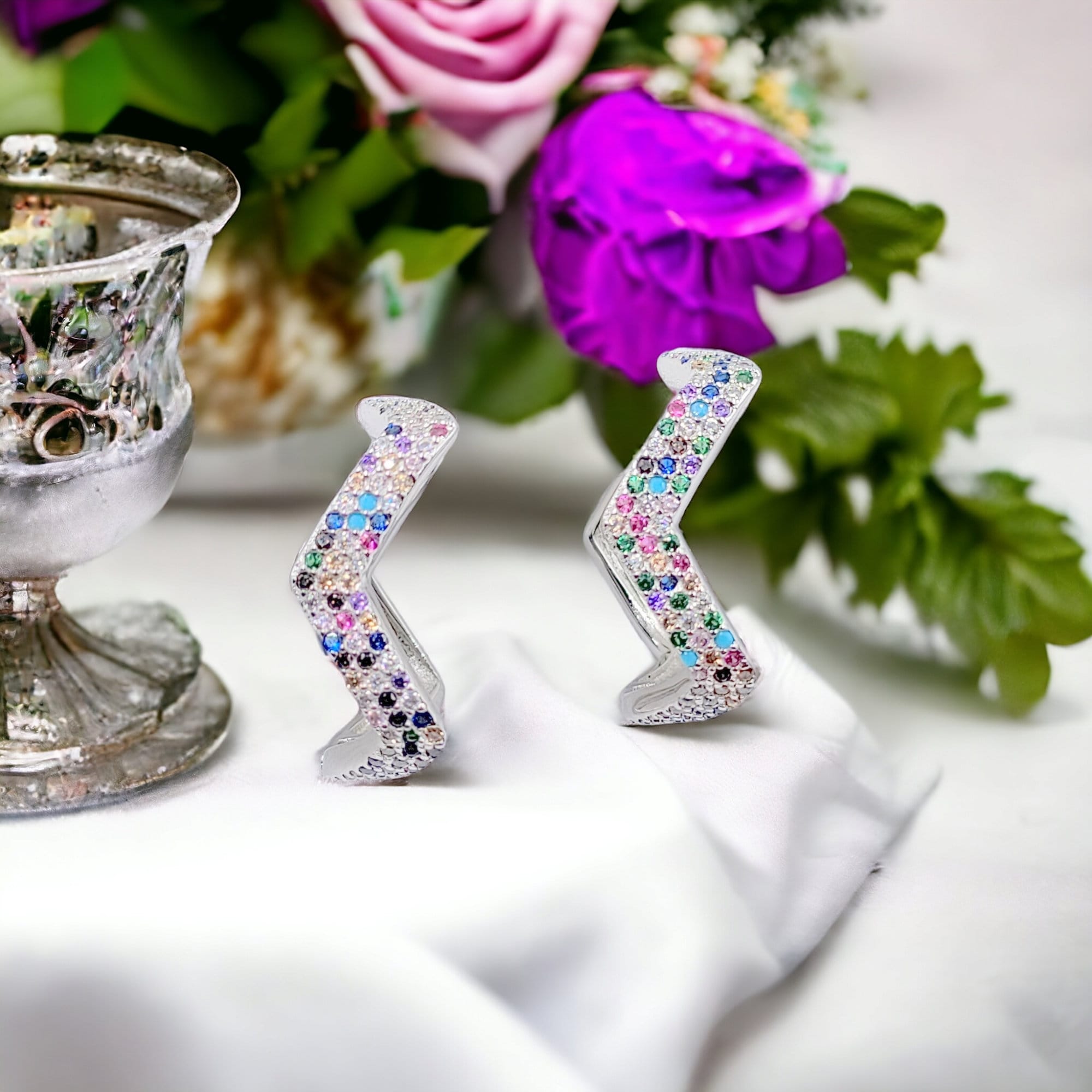 Zig Zag Multi Colored Cubic Zirconia Diamond Hoops 925 Sterling Silver Minimalist Handmade Gift-20x14 mm