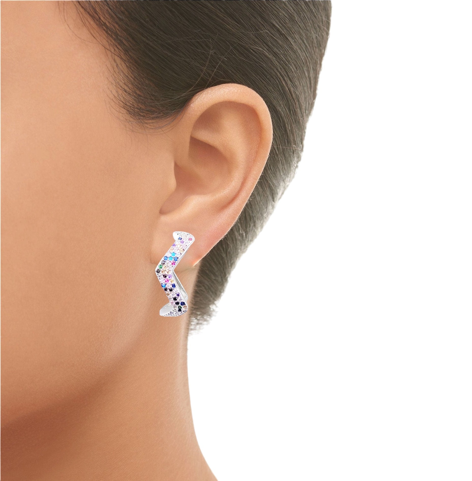 Zig Zag Multi Colored Cubic Zirconia Diamond Hoops 925 Sterling Silver Minimalist Handmade Gift-20x14 mm