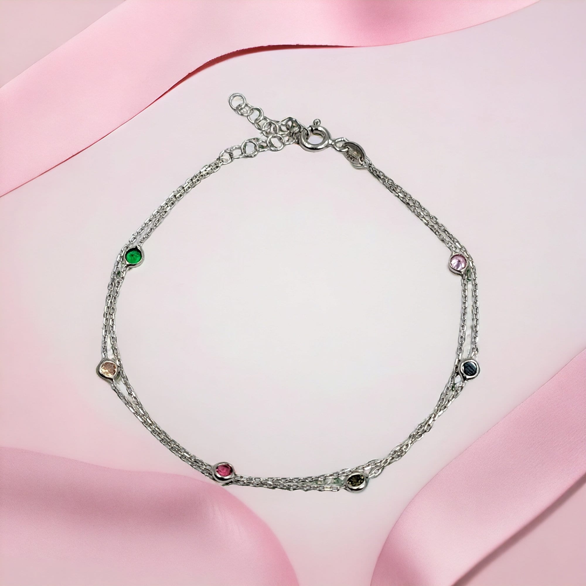 Multi Color Stone 925 Sterling Silver Pretty Minimalist Chain link Double layer Bracelet Beautiful Gift for Girlfriend,Daughter,Wife