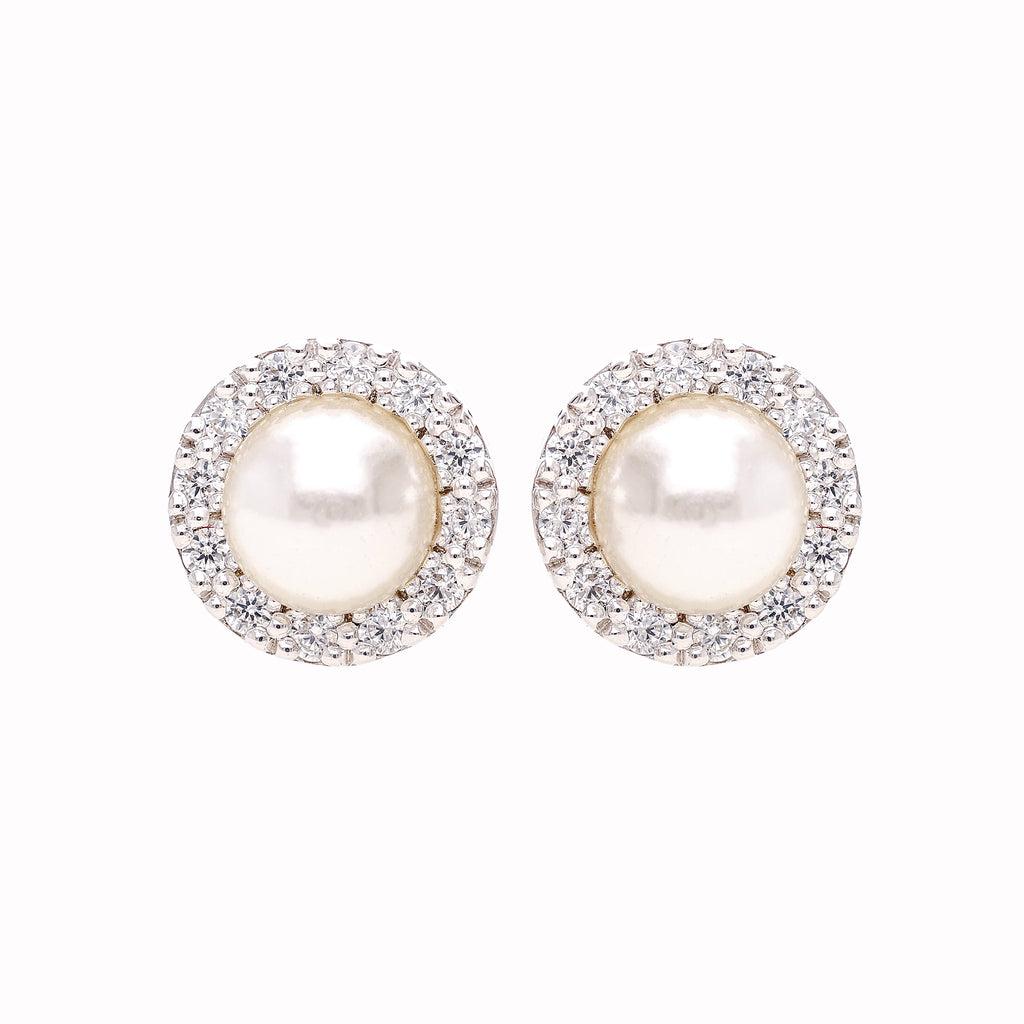925 Silver Pearl & CZ Halo Stud Earrings For Women