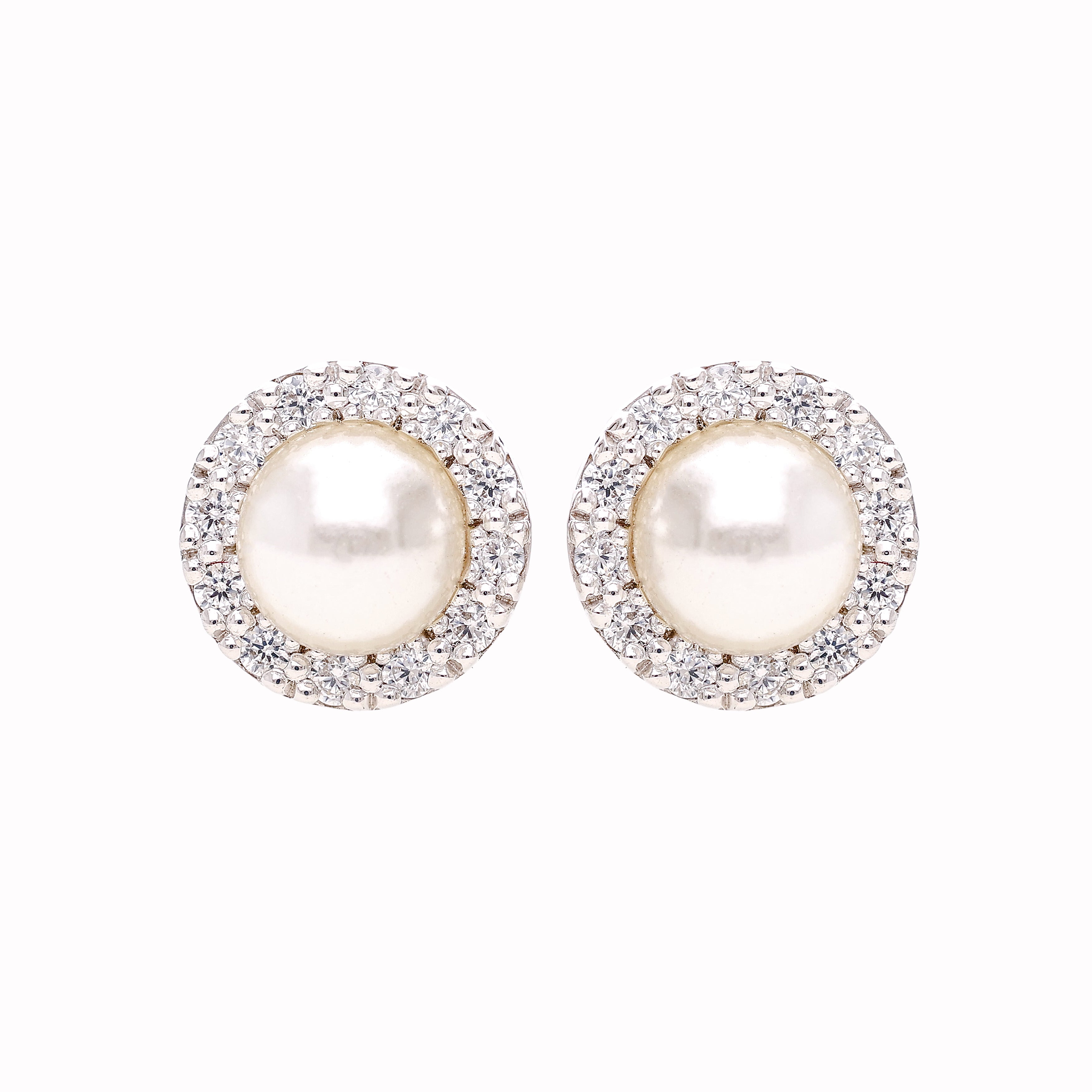 925 Silver Pearl & CZ Halo Stud Earrings For Women