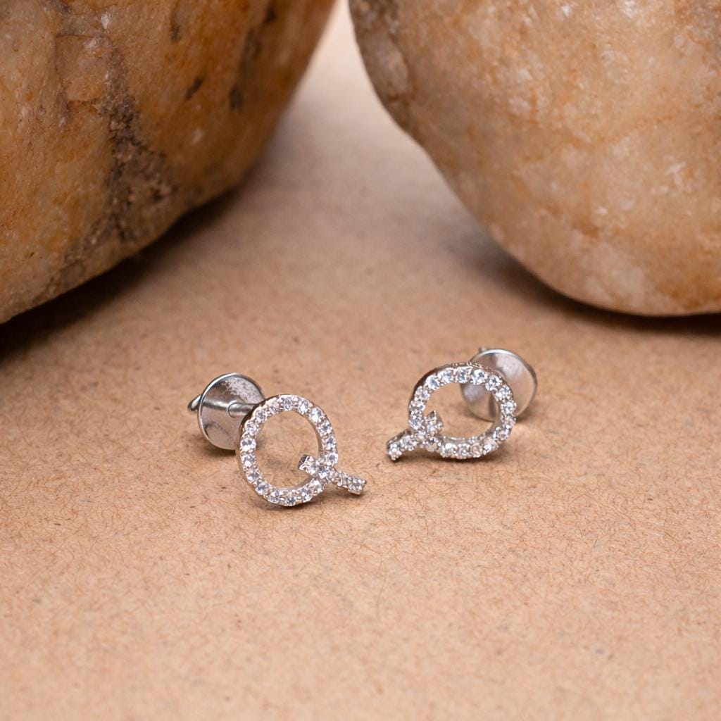 925 Sterling Silver Q Initial Stud Earrings, Diamond Look Letter Q Studs, Personalized Name Jewelry, Minimalist Gift for Her