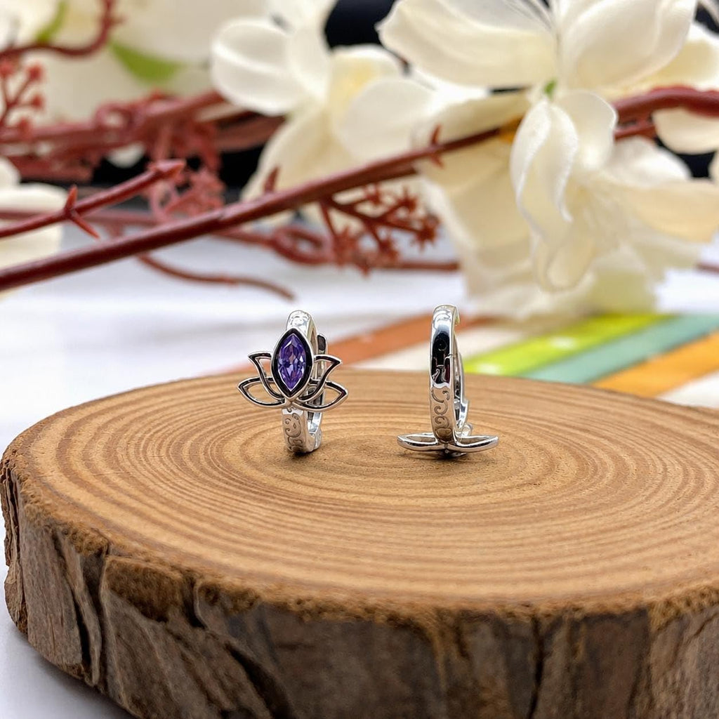 AMONROO® 925 Silver Jewellery for Women - 925 Sterling Silver Lotus Purple CZ Hoop Earrings, Huggie Earrings, 10.5 x 8.5 mm | 925 Stamp, Warranty & Authenticity Certificate