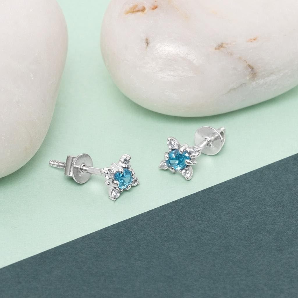 AMONROO® 925 Silver Jewellery for Women - 925 Sterling Silver Blue Topaz CZ Stud Earrings, Halo Stone Earrings, Birthstone Jewellery Gift | 925 Stamp, Warranty & Authenticity Certificate