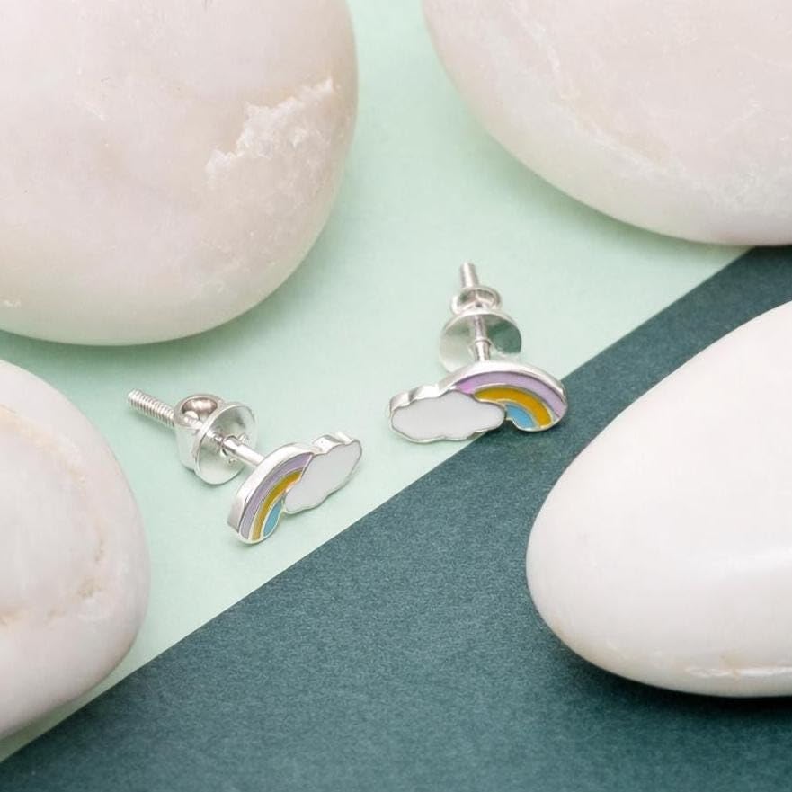 AMONROO® 925 Silver Jewellery for Women - 925 Sterling Silver Rainbow Cloud Enamel Stud Earrings, Colourful Earrings, Daily Wear | 925 Stamp, Warranty & Authenticity Certificate