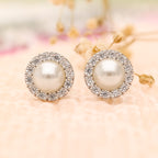 925 Silver Pearl & CZ Halo Stud Earrings For Women