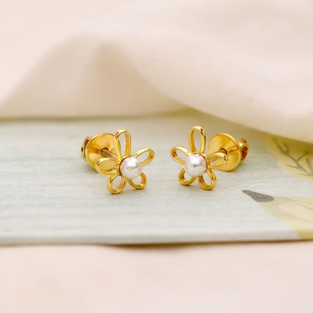 AMONROO® 925 Silver Jewellery for Women - Gold Finish 925 Sterling Silver Flower Pearl Stud Earrings, Daisy Earrings, Daily Wear Jewellery | 925 Stamp, Warranty & Authenticity Certificate