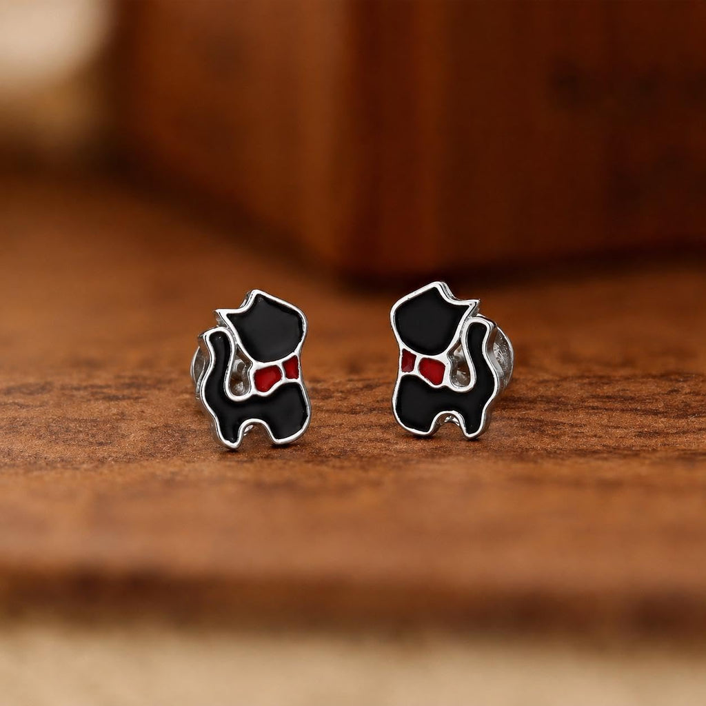 AMONROO® 925 Silver Jewellery for Women - 925 Sterling Silver Black Cat Enamel Stud Earrings, Cat Lover Jewellery, Gift for Women | 925 Stamp, Warranty & Authenticity Certificate