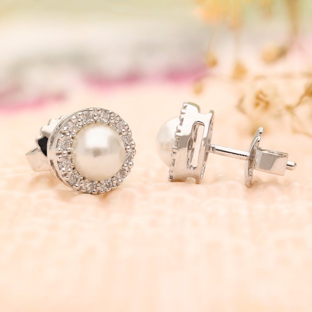 925 Silver Pearl & CZ Halo Stud Earrings For Women