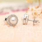 925 Silver Pearl & CZ Halo Stud Earrings For Women