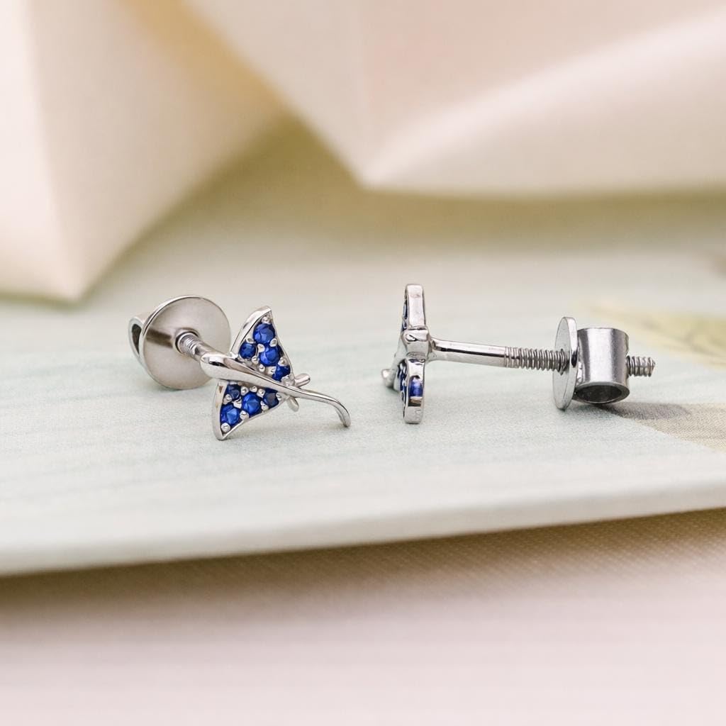 AMONROO® 925 Silver Jewellery for Women - 925 Sterling Silver Stingray Blue CZ Stud Earrings, Ocean Animal Earrings, Gift for Women | 925 Stamp, Warranty & Authenticity Certificate