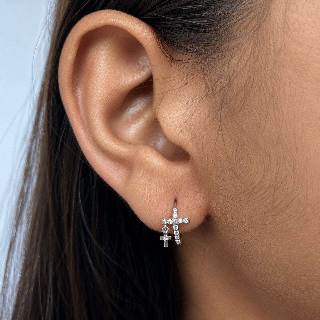 AMONROO® 925 Silver Jewellery for Women - 925 Sterling Silver Cross CZ Huggie Hoop Earrings, Dangle Cross Earrings, 11 x 8 mm | 925 Stamp, Warranty & Authenticity Certificate