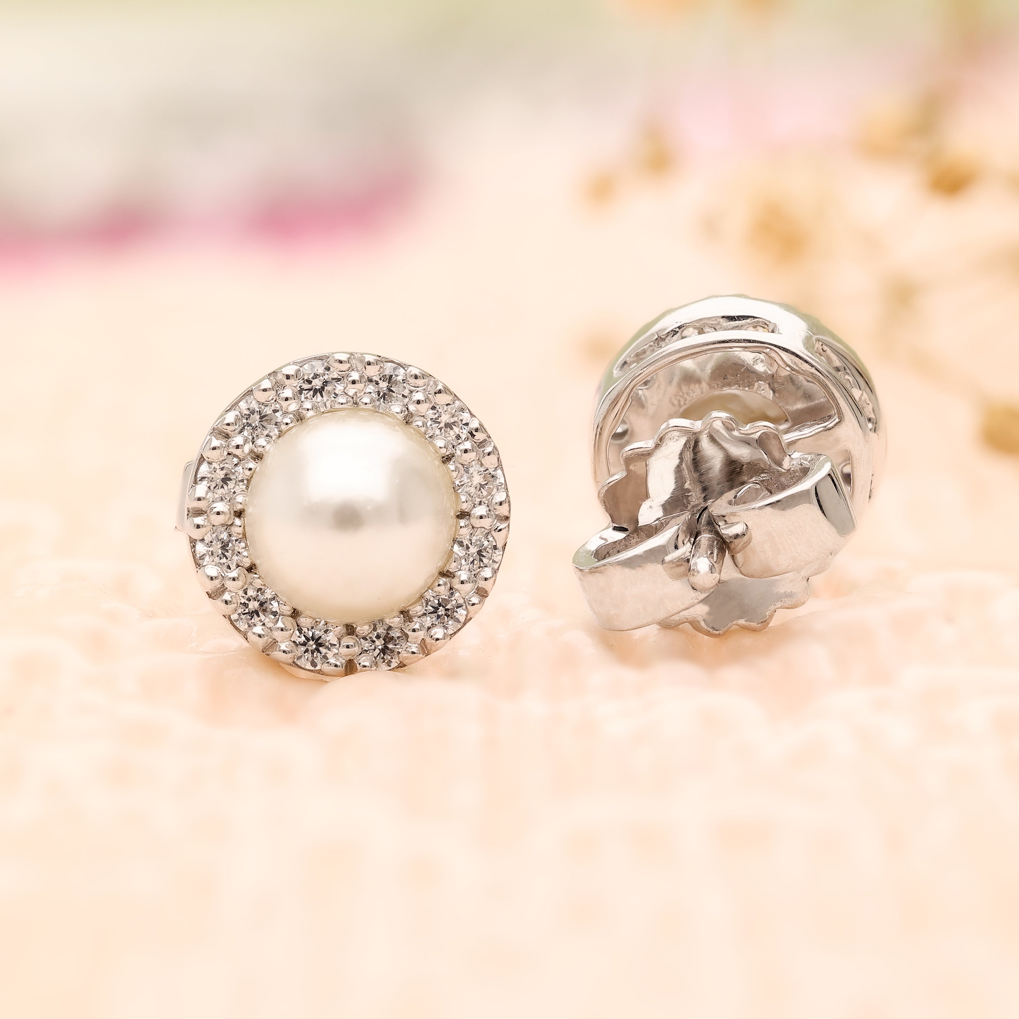 925 Silver Pearl & CZ Halo Stud Earrings For Women