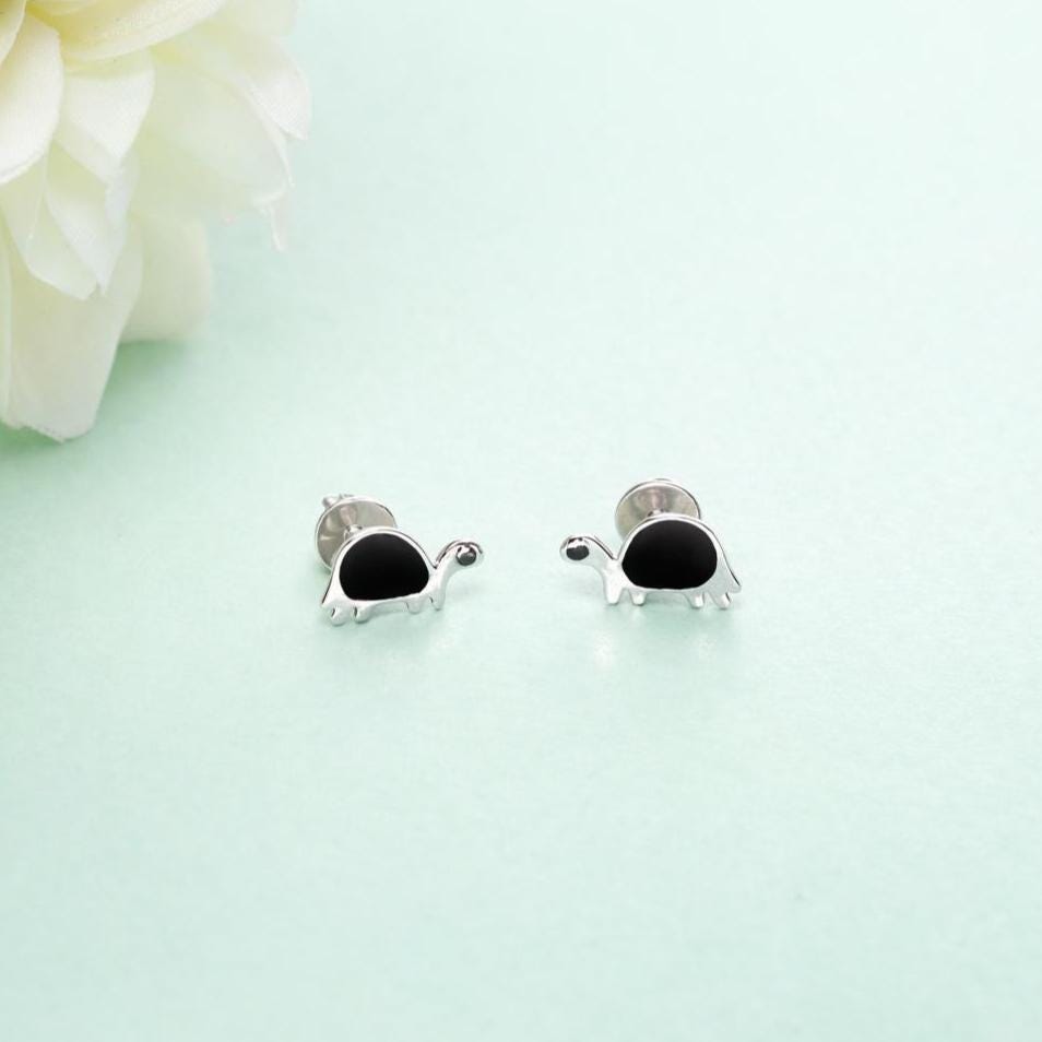 925 Sterling Silver Turtle Stud Earrings, Black Enamel Sea Turtle Earrings, Cute Animal Studs, Minimalist Ocean Jewelry Gift
