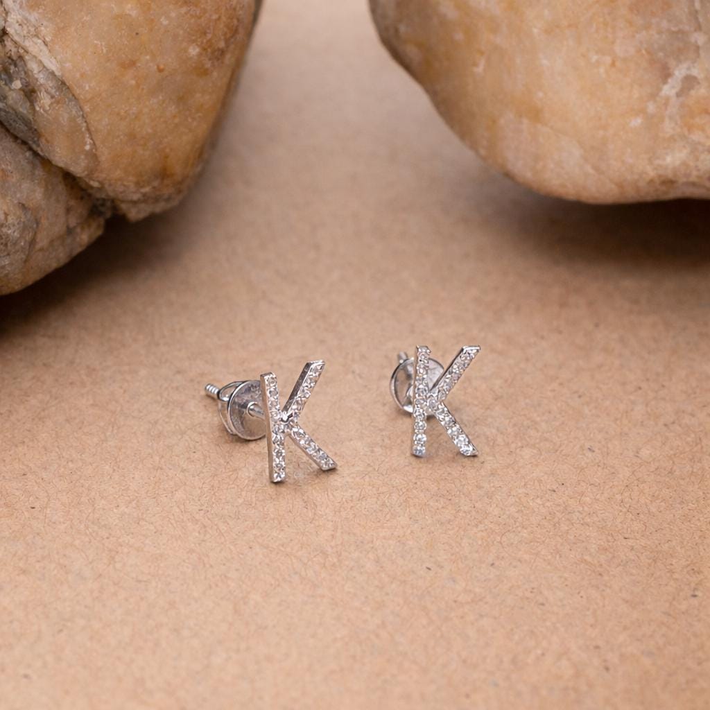925 Sterling Silver K Stud Earrings CZ Pave Letter K Initial Earrings Minimalist Alphabet Jewelry Gift for Her