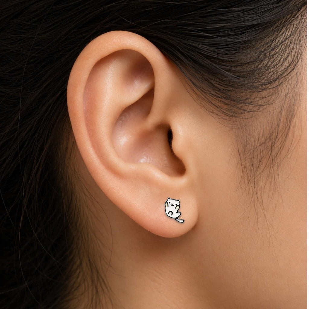 AMONROO® 925 Silver Jewellery for Women - 925 Sterling Silver White Cat Enamel Stud Earrings, Kitty Jewellery, 8 x 8.5 mm | 925 Stamp, Warranty & Authenticity Certificate