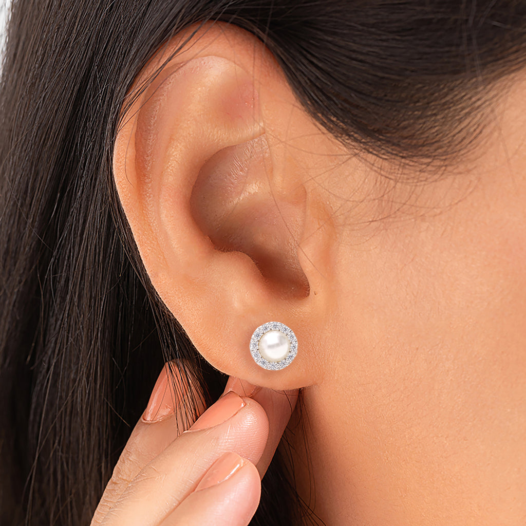 925 Silver Pearl & CZ Halo Stud Earrings For Women