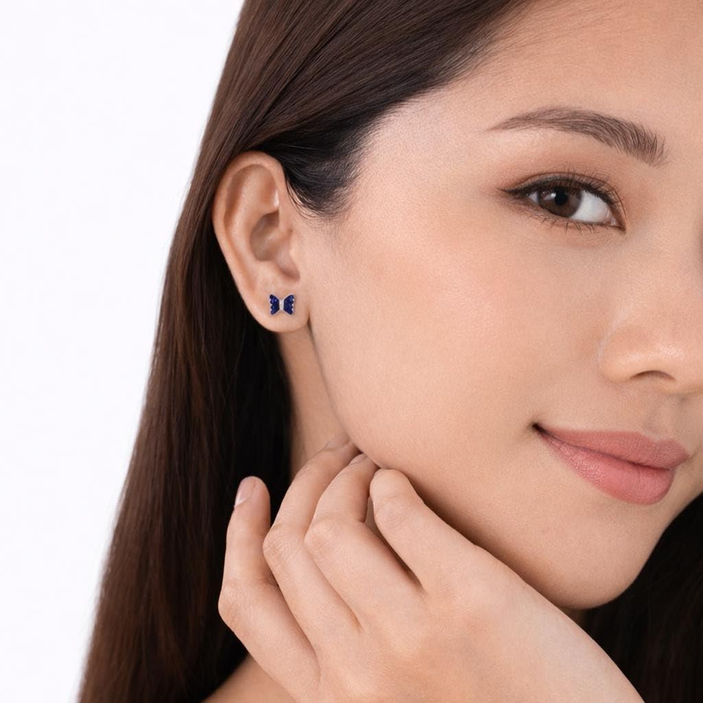 AMONROO® 925 Silver Jewellery for Women - 925 Sterling Silver Blue Bow Butterfly CZ Stud Earrings, Dainty Fashion Jewellery | 925 Stamp, Warranty & Authenticity Certificate