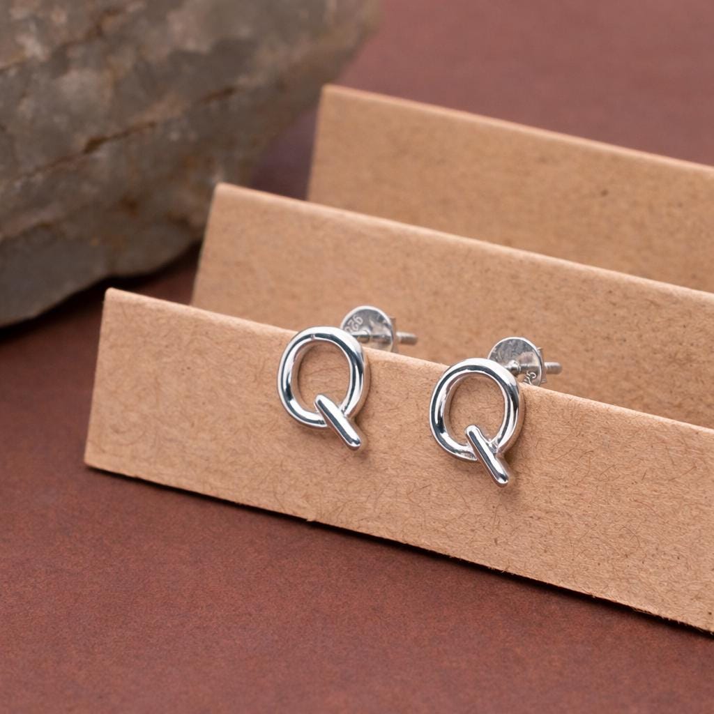 925 Sterling Silver Q Stud Earrings Minimalist Letter Q Earrings Tiny Modern Alphabet Jewelry Gift for Her