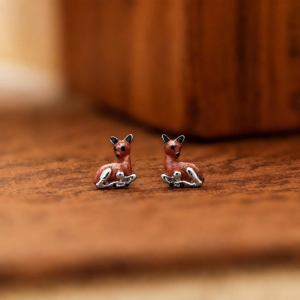 AMONROO® 925 Silver Jewellery for Women - 925 Sterling Silver Light Brown Deer Enamel Stud Earrings, Animal Jewellery Gift | 925 Stamp, Warranty & Authenticity Certificate
