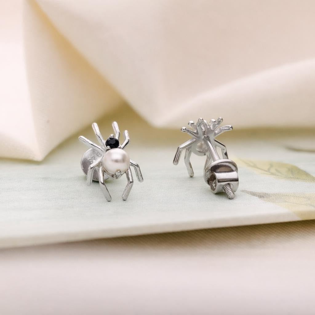 AMONROO® 925 Silver Jewellery for Women - 925 Sterling Silver Spider Pearl CZ Stud Earrings, Halloween Earrings, Gothic Jewellery Gift | 925 Stamp, Warranty & Authenticity Certificate