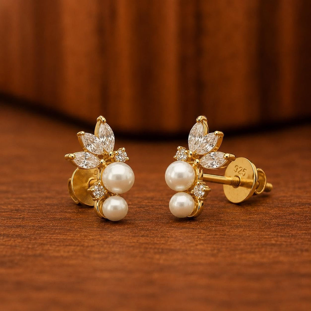 AMONROO® 925 Silver Jewellery for Women - Gold Finish 925 Sterling Silver Pearl Flower Stud Earrings, White CZ Leaf Bridal Earrings | 925 Stamp, Warranty & Authenticity Certificate