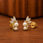 AMONROO® 925 Silver Jewellery for Women - Gold Finish 925 Sterling Silver Pearl Flower Stud Earrings, White CZ Leaf Bridal Earrings | 925 Stamp, Warranty & Authenticity Certificate