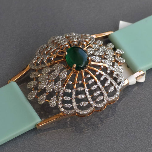 Pretty Floral & Petal Design In 925 Sterling Silver Bracelet, Green Emerald And White Moissanites Watch Bracelet, Unique Woman Bracelet
