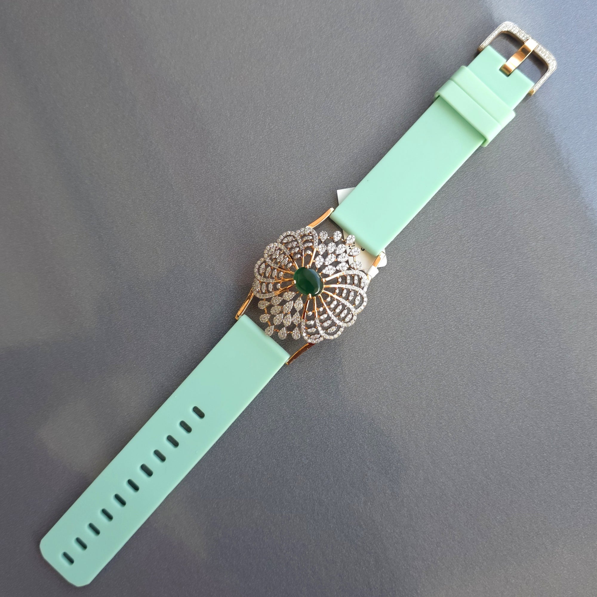 Pretty Floral & Petal Design In 925 Sterling Silver Bracelet, Green Emerald And White Moissanites Watch Bracelet, Unique Woman Bracelet