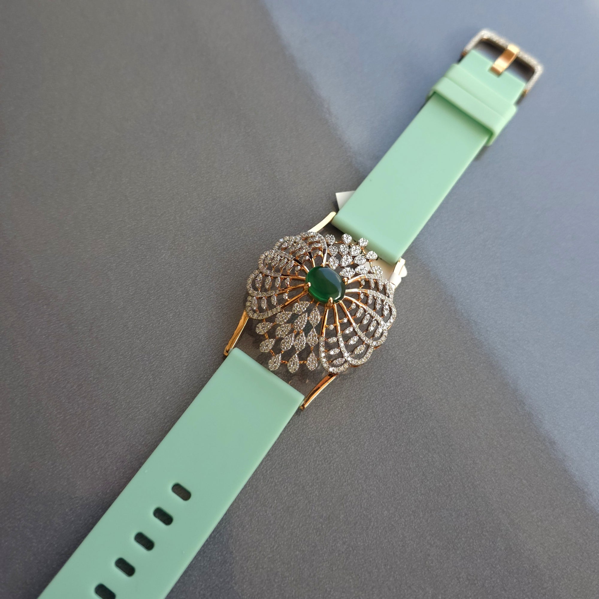 Pretty Floral & Petal Design In 925 Sterling Silver Bracelet, Green Emerald And White Moissanites Watch Bracelet, Unique Woman Bracelet