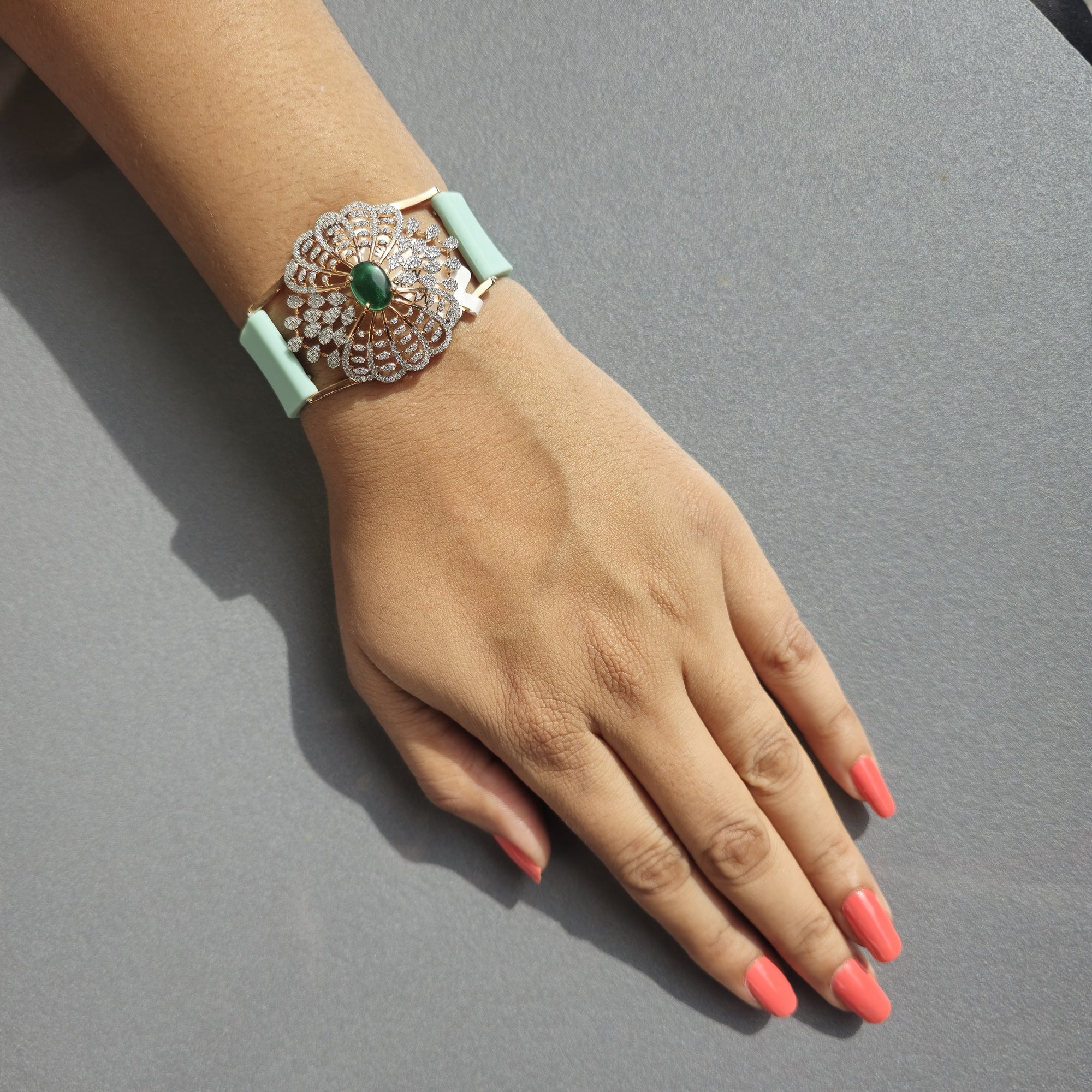 Pretty Floral & Petal Design In 925 Sterling Silver Bracelet, Green Emerald And White Moissanites Watch Bracelet, Unique Woman Bracelet