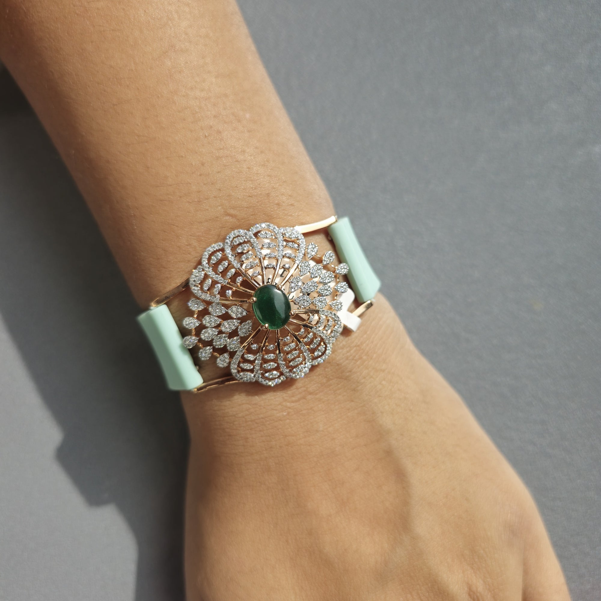 Pretty Floral & Petal Design In 925 Sterling Silver Bracelet, Green Emerald And White Moissanites Watch Bracelet, Unique Woman Bracelet