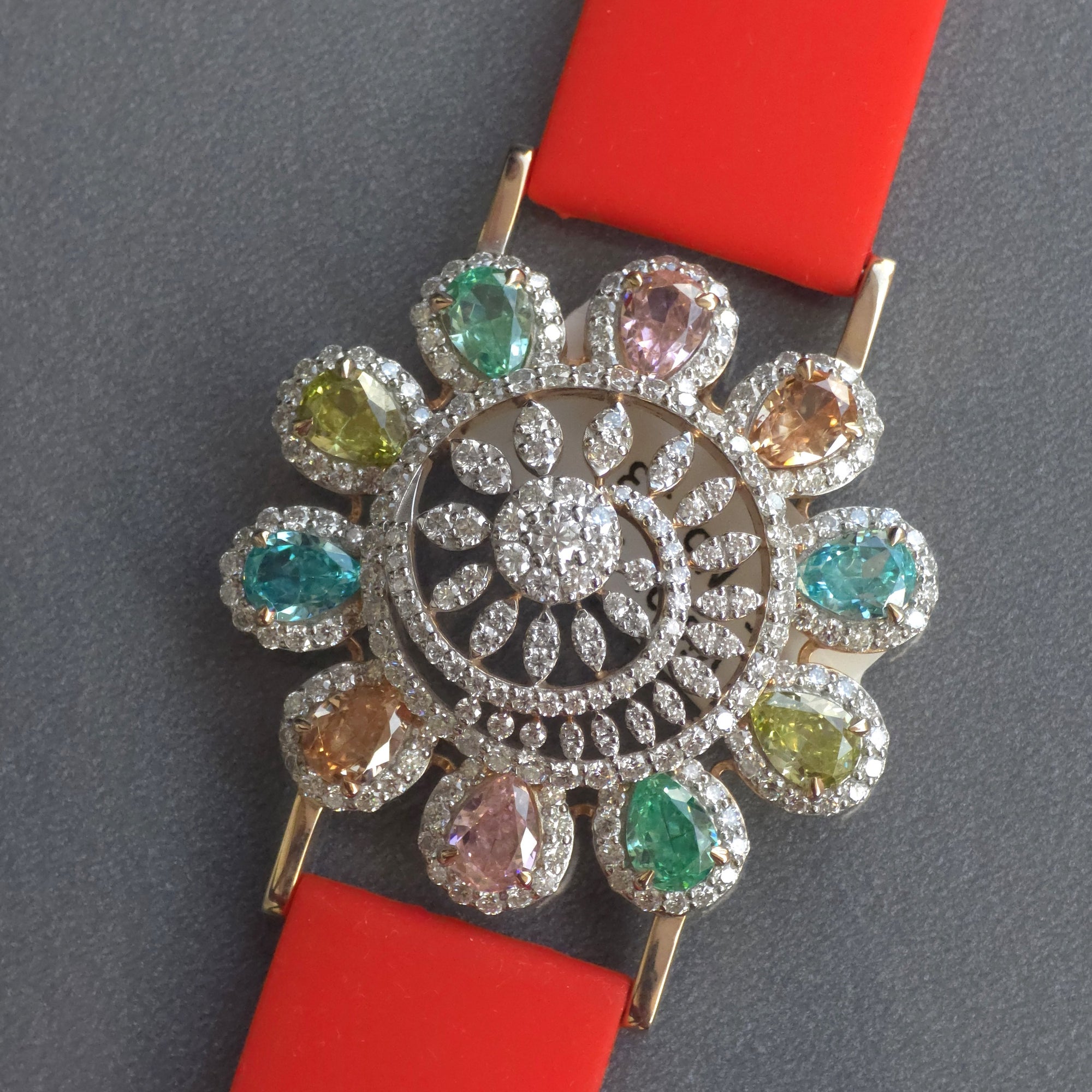 Beautiful Flower Face Design In 925 Sterling Silver Bracelet, Multi Color And White Moissanites Watch Bracelet, Unique Women's Bracelet