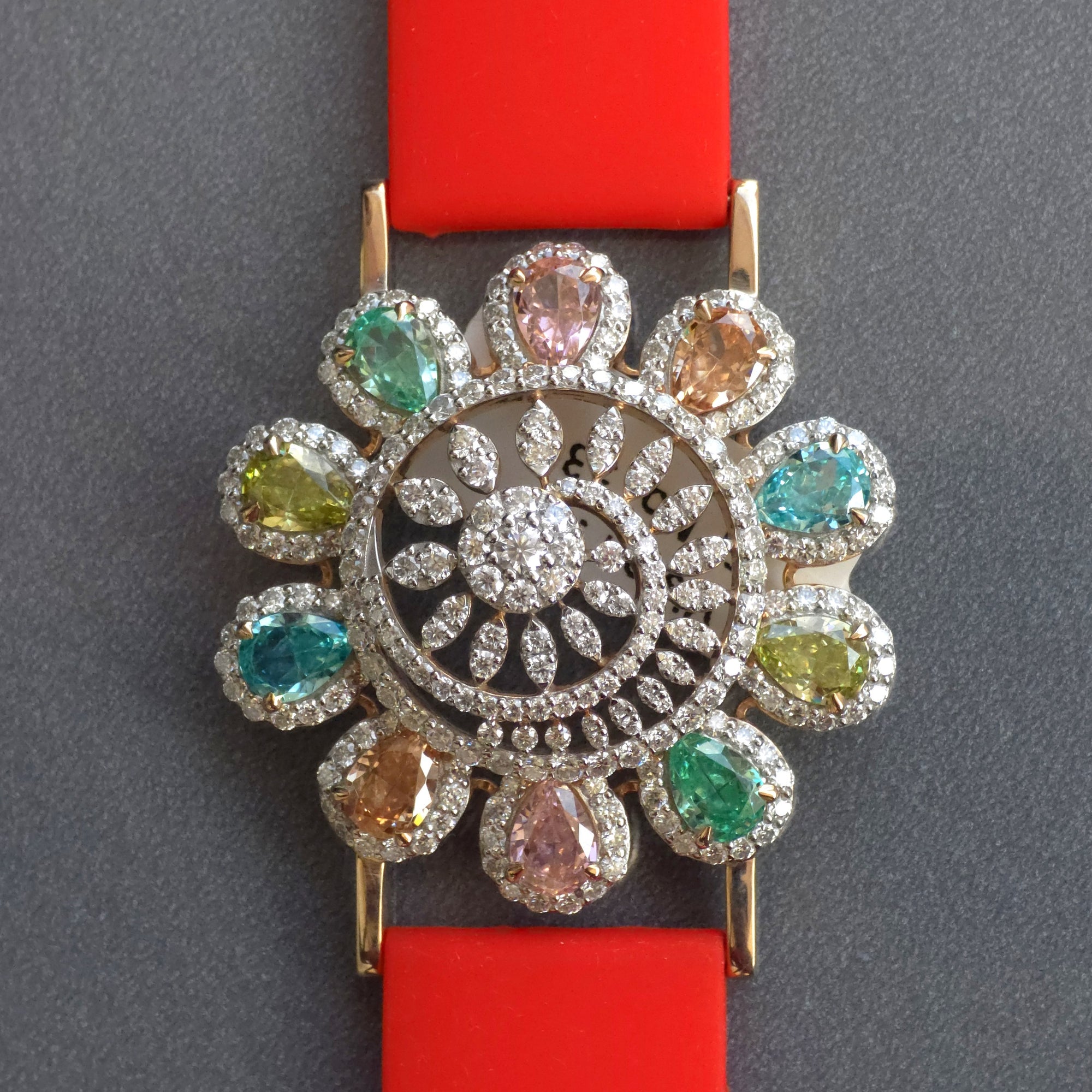 Beautiful Flower Face Design In 925 Sterling Silver Bracelet, Multi Color And White Moissanites Watch Bracelet, Unique Women's Bracelet