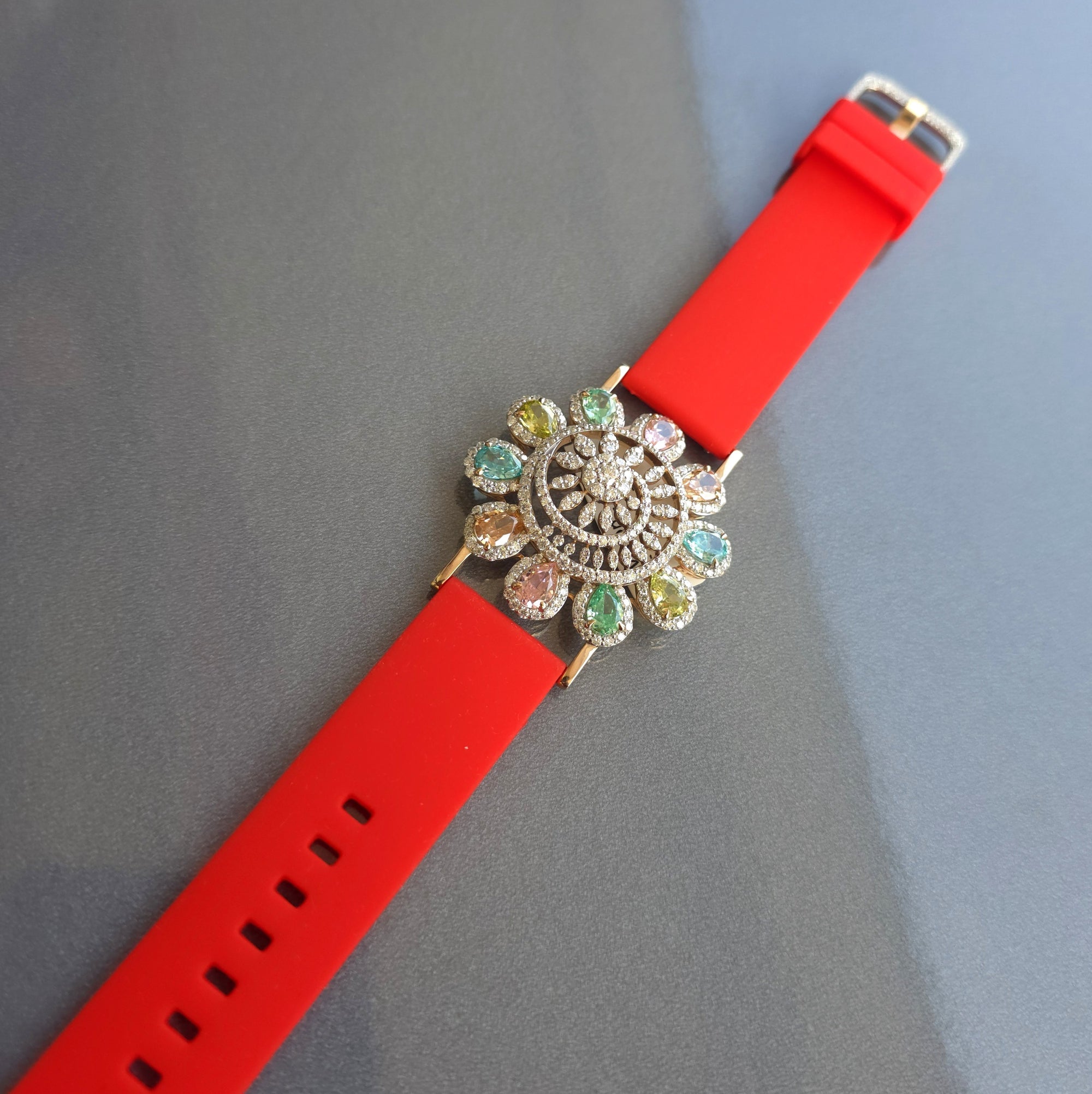 Beautiful Flower Face Design In 925 Sterling Silver Bracelet, Multi Color And White Moissanites Watch Bracelet, Unique Women's Bracelet