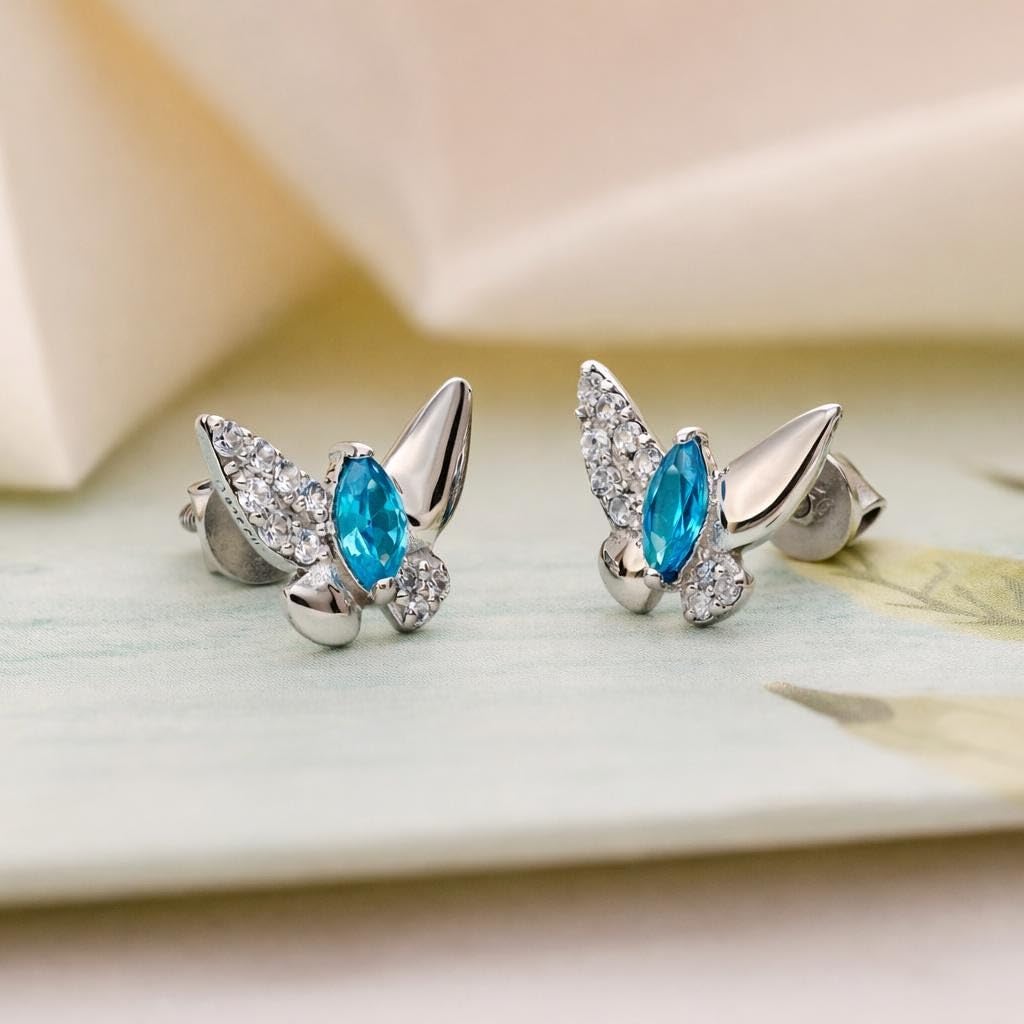 AMONROO® 925 Silver Jewellery for Women - 925 Sterling Silver Blue Marquise CZ Butterfly Stud Earrings, Dainty Butterfly Jewellery | 925 Stamp, Warranty & Authenticity Certificate
