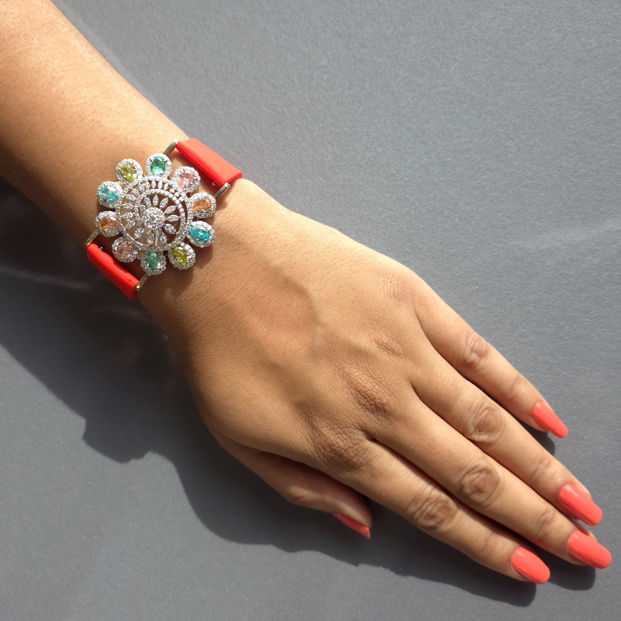Beautiful Flower Face Design In 925 Sterling Silver Bracelet, Multi Color And White Moissanites Watch Bracelet, Unique Women's Bracelet