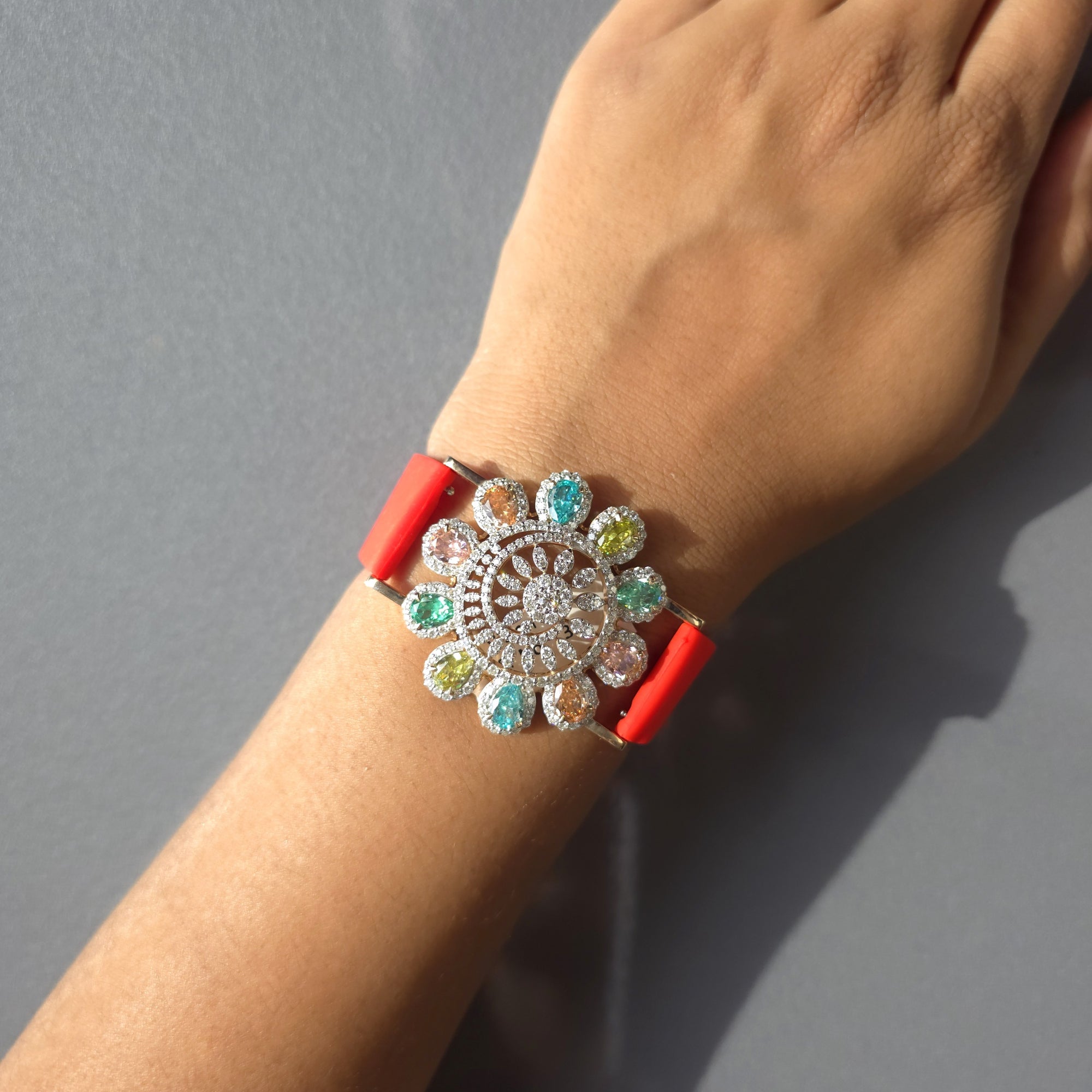 Beautiful Flower Face Design In 925 Sterling Silver Bracelet, Multi Color And White Moissanites Watch Bracelet, Unique Women's Bracelet