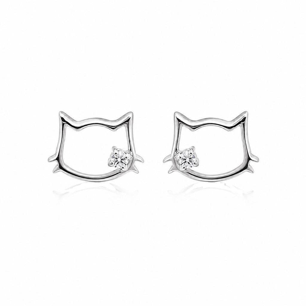 AMONROO® 925 Silver Jewellery for Women - 925 Sterling Silver Cat Face CZ Stud Earrings, Cat Outline Earrings, Kitty Jewellery | 925 Stamp, Warranty & Authenticity Certificate