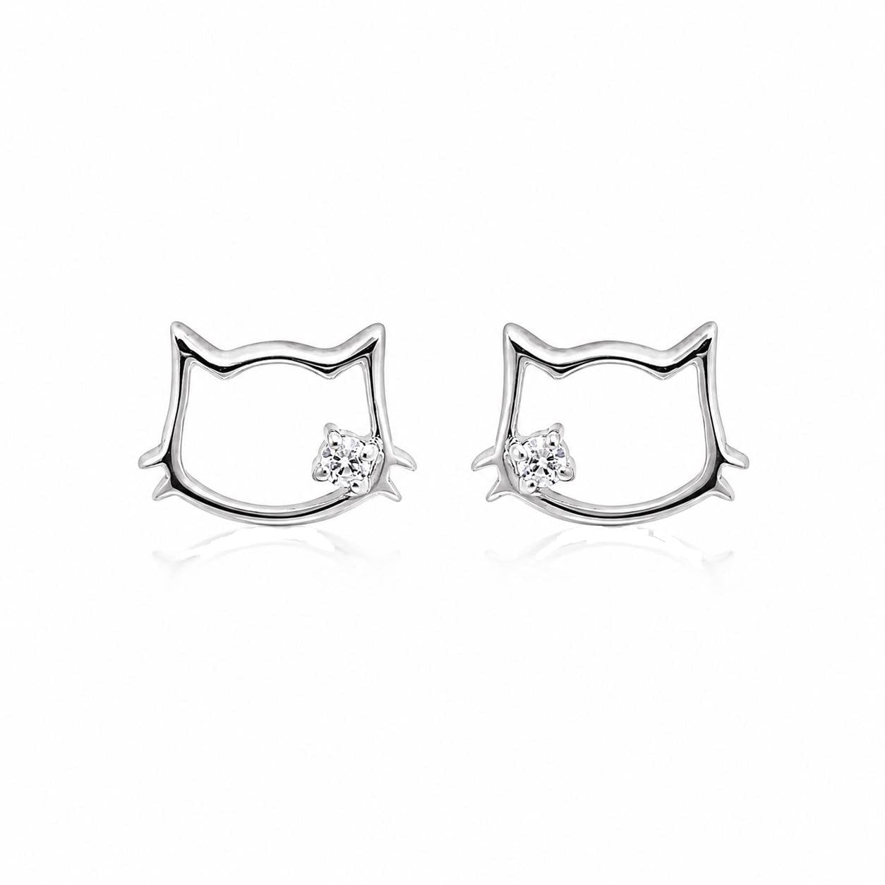 AMONROO® 925 Silver Jewellery for Women - 925 Sterling Silver Cat Face CZ Stud Earrings, Cat Outline Earrings, Kitty Jewellery | 925 Stamp, Warranty & Authenticity Certificate