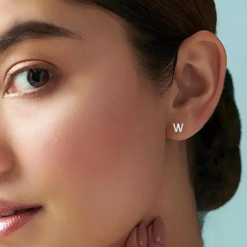 Sterling Silver W Initial Stud Earrings, CZ Dainty Alphabet Monogram Jewelry