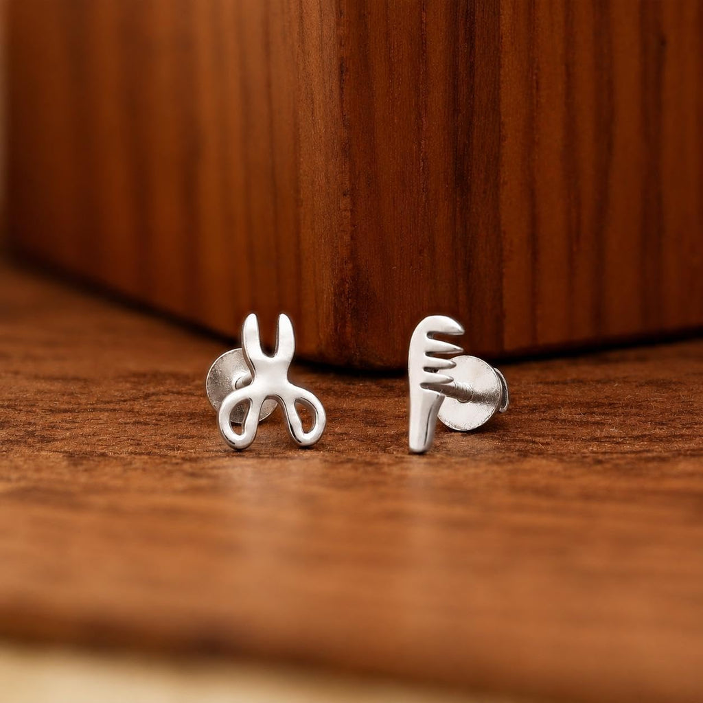 AMONROO® 925 Silver Jewellery for Women - 925 Sterling Silver Scissors Comb Stud Earrings, Hairdresser Earrings, Salon Jewellery Gift | 925 Stamp, Warranty & Authenticity Certificate