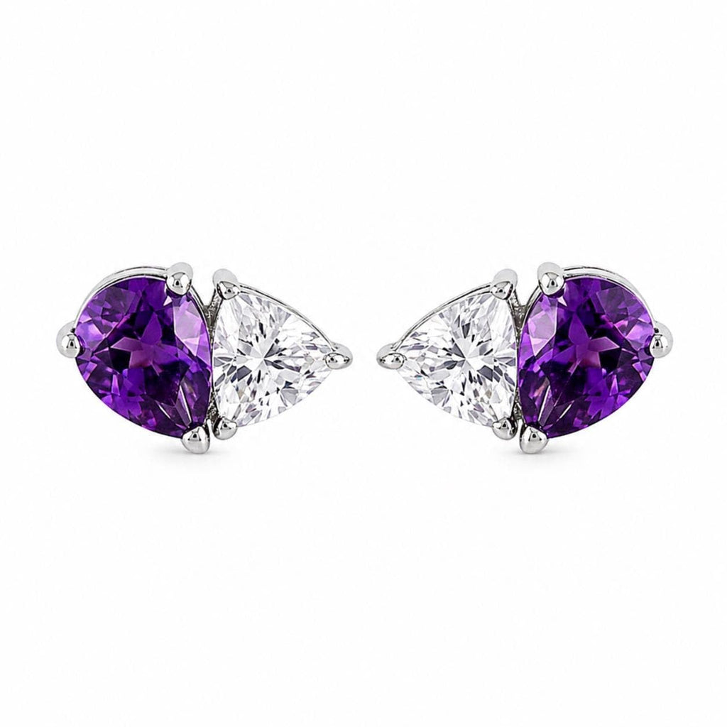 AMONROO® 925 Silver Jewellery for Women - 925 Sterling Silver Purple Amethyst White CZ Stud Earrings, Two Stone Dainty Jewellery | 925 Stamp, Warranty & Authenticity Certificate