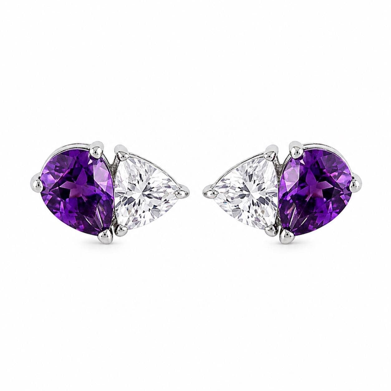 AMONROO® 925 Silver Jewellery for Women - 925 Sterling Silver Purple Amethyst White CZ Stud Earrings, Two Stone Dainty Jewellery | 925 Stamp, Warranty & Authenticity Certificate
