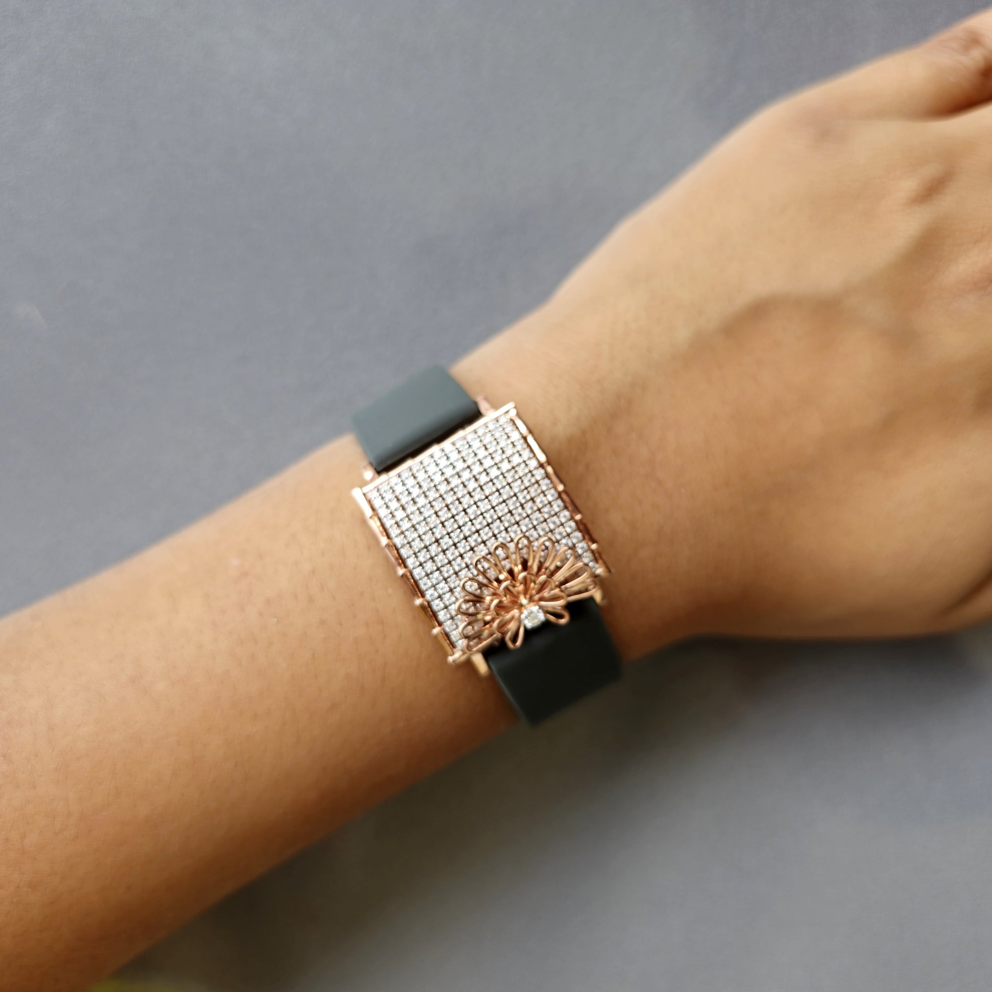 Handcrafted Half Floral Design In 925 Sterling Silver Bracelet, Real White Pave Set Moissanites Watch Bracelet, Unique Women's Bracelet